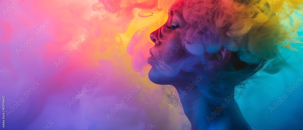 Portrait of a person, LGBTQ advocate, with rainbow smoke framing their profile, symbolizing pride and visibility in the community Portrait of a person, LGBTQ advocate, with rainbow smoke framing their profile, symbolizing pride and visibility in the community