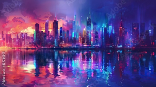 Futuristic city. Concept Art. Cityscape at night with bright neon lights. 3D illustration. AI generated illustration © moon