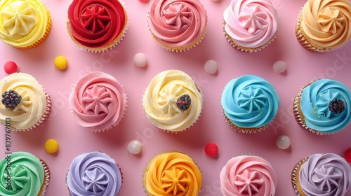 A selection of vibrant frosted cupcakes arranged neatly, showcasing a variety of colors and decorative elements