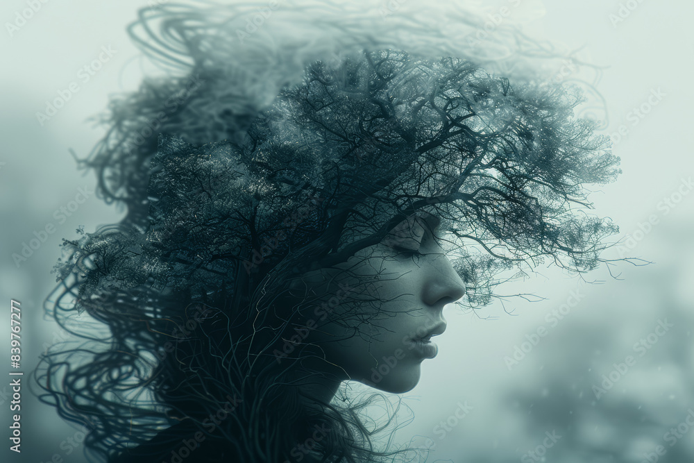 A woman with her hair turning into tree branches. Concept of growth and connection to nature. Generative Ai. A woman with her hair turning into tree branches. Concept of growth and connection to nature. Generative Ai.