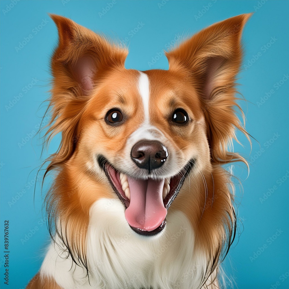 A happy dog with a blue background. The dog is smiling and has its tongue out. The blue background gives the image a calm and peaceful mood A happy dog with a blue background. The dog is smiling and has its tongue out. The blue background gives the image a calm and peaceful mood