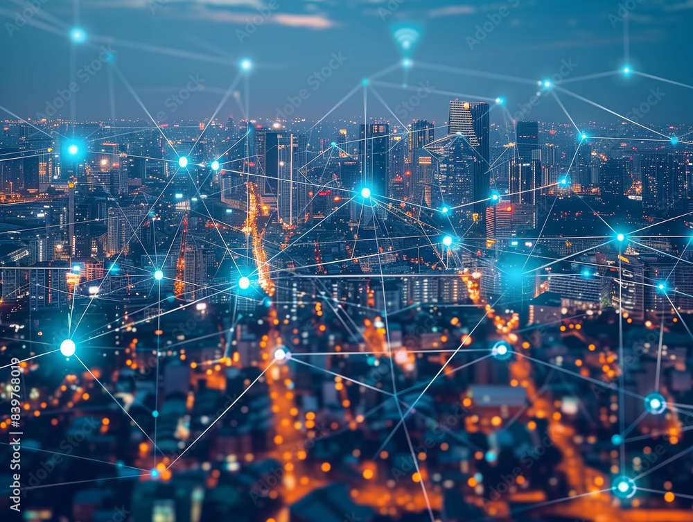 Fototapeta premium Telecommunication network above city, wireless mobile internet technology for smart grid or 5G LTE data connection, concept about IoT, global business, fintech, blockchain