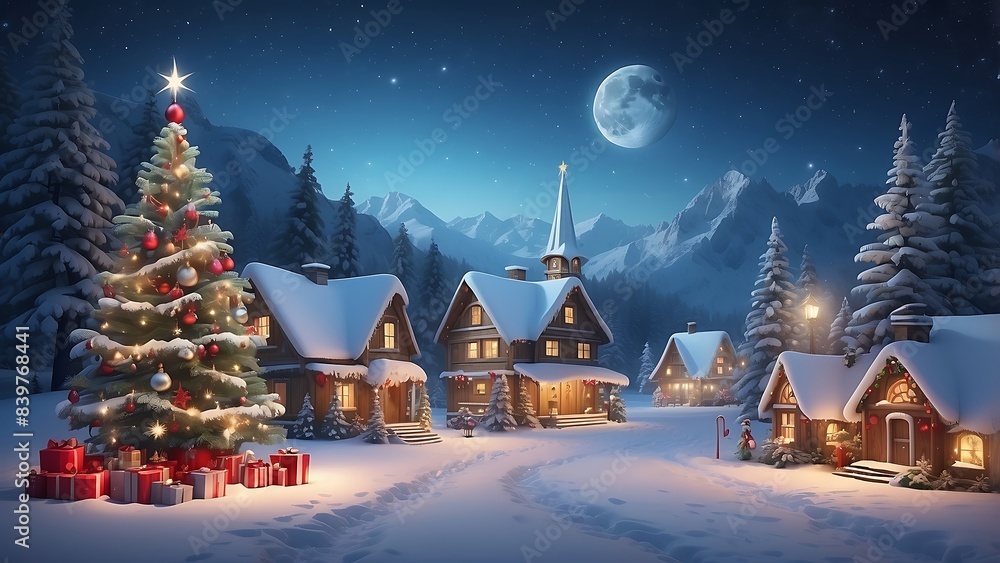 Fototapeta premium christmas background with snow and village