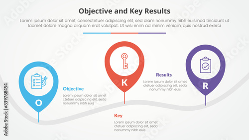 OKR objectives and key results framework infographic concept for slide presentation with pin tagging location road up and down with 3 point list with flat style
