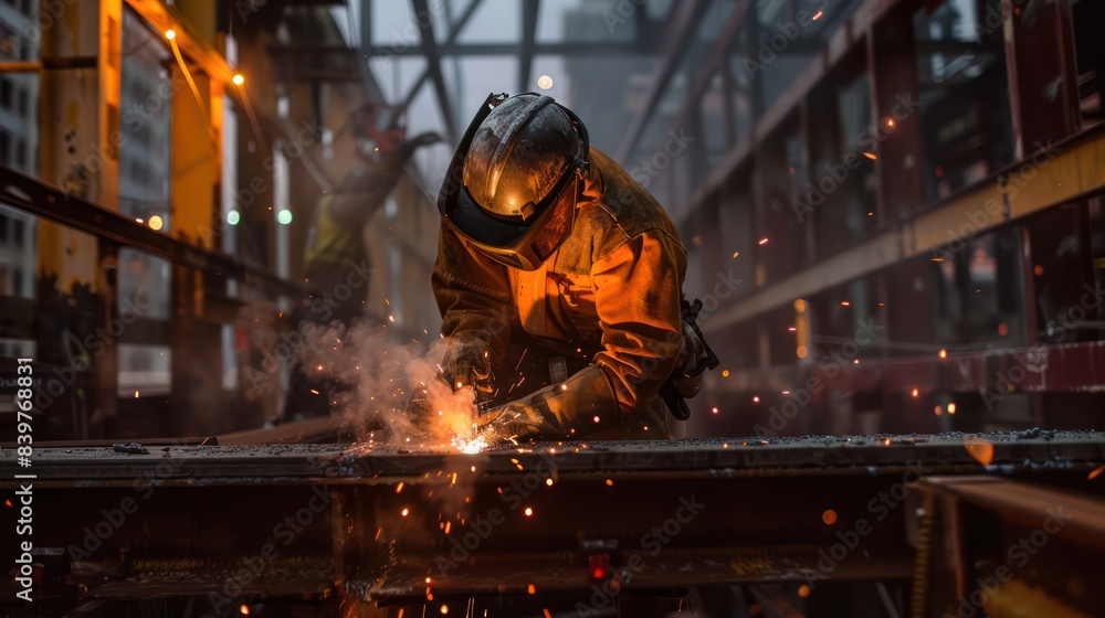 Welder man, a worker welding steel construction frames, wearing a safety helmet, welding electrode sparks. Welder man, a worker welding steel construction frames, wearing a safety helmet, welding electrode sparks.