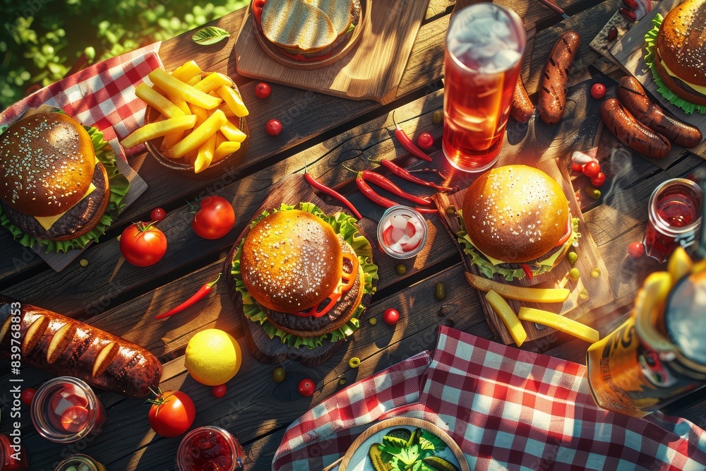 Top view of a summer picnic table filled with burgers, fries, drinks, and condiments on a sunny day.