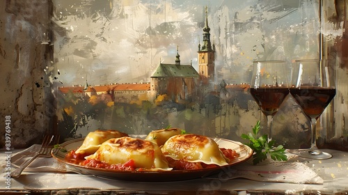 Delicate Pierogi Plate Framed by Majestic Wawel Castle Vintage Inspired Digital Painting