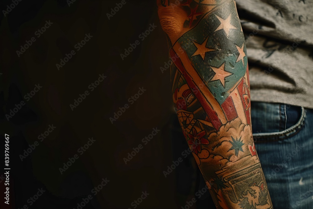 Close-up of a colorful tattoo sleeve depicting stars and stripes on a man's arm in a dimly lit setting. Close-up of a colorful tattoo sleeve depicting stars and stripes on a man's arm in a dimly lit setting.