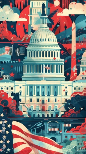 Colorful illustration of U.S. Capitol Building with American flag, patriotic theme, and iconic Washington landmarks in the background.