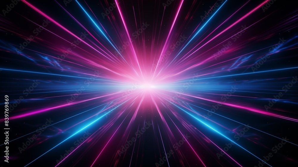 Fototapeta premium Vivid Neon Light background with Blue and Pink stroboscopic Rays Radiating Outwards.
