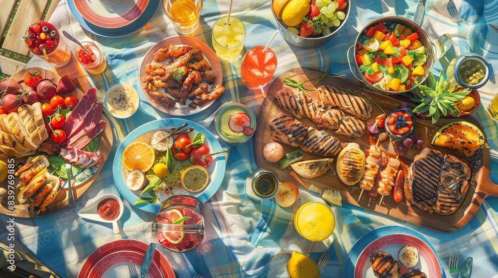 A vibrant summer picnic setup with a variety of delicious grilled meats, fresh fruits, salads, and colorful drinks on a sunny day. A vibrant summer picnic setup with a variety of delicious grilled meats, fresh fruits, salads, and colorful drinks on a sunny day.