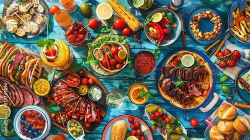 A vibrant display of delicious summer foods on a table, including meats, vegetables, fruits, and drinks, perfect for outdoor gatherings.