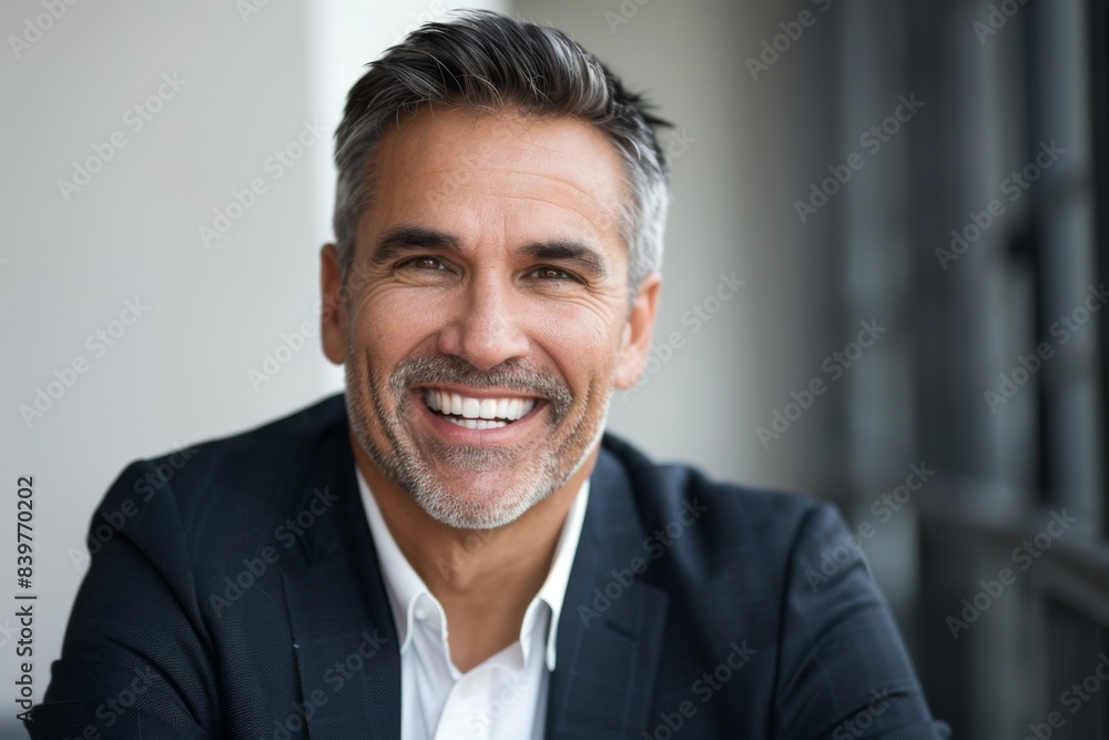 Mature man in business suit, smiling, in front of office. Mature man in business suit, smiling, in front of office.
