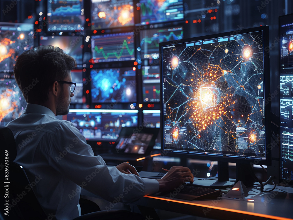 Beautiful Male Computer Engineer and Scientists Create Neural Network at His Workstation. Office is Full of Displays Showing 3D Representations of Neural Networks Beautiful Male Computer Engineer and Scientists Create Neural Network at His Workstation. Office is Full of Displays Showing 3D Representations of Neural Networks