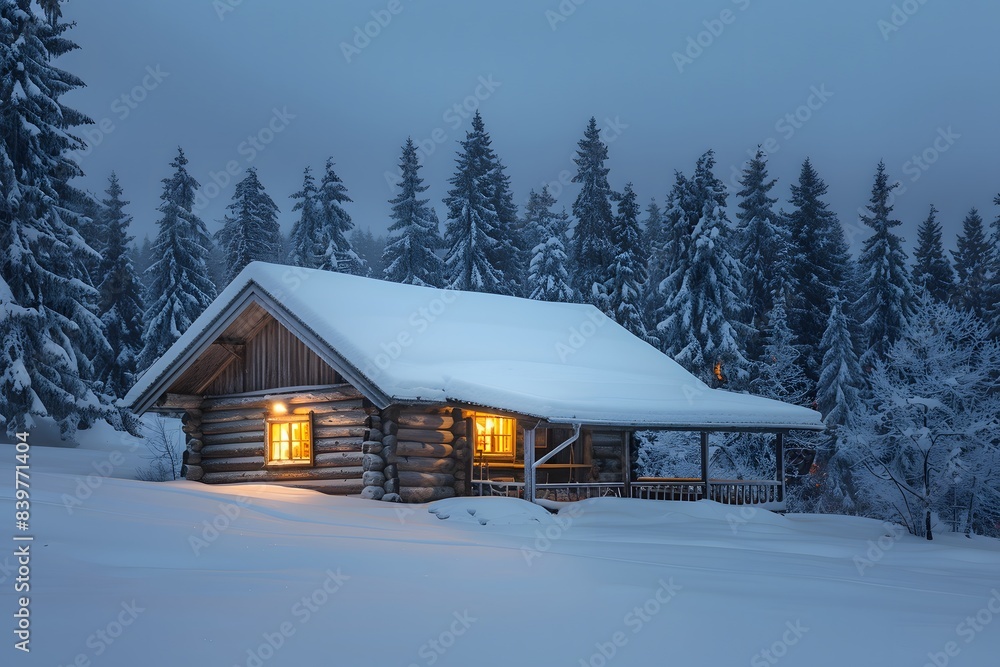 Kabin Skandinavia Tradisional dengan Pemandangan Salju di Hutan