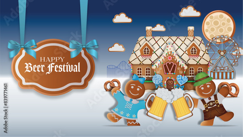oktoberfest banner with gingerbread cookies and candies. german beer festival flyer with gingerbread landscape