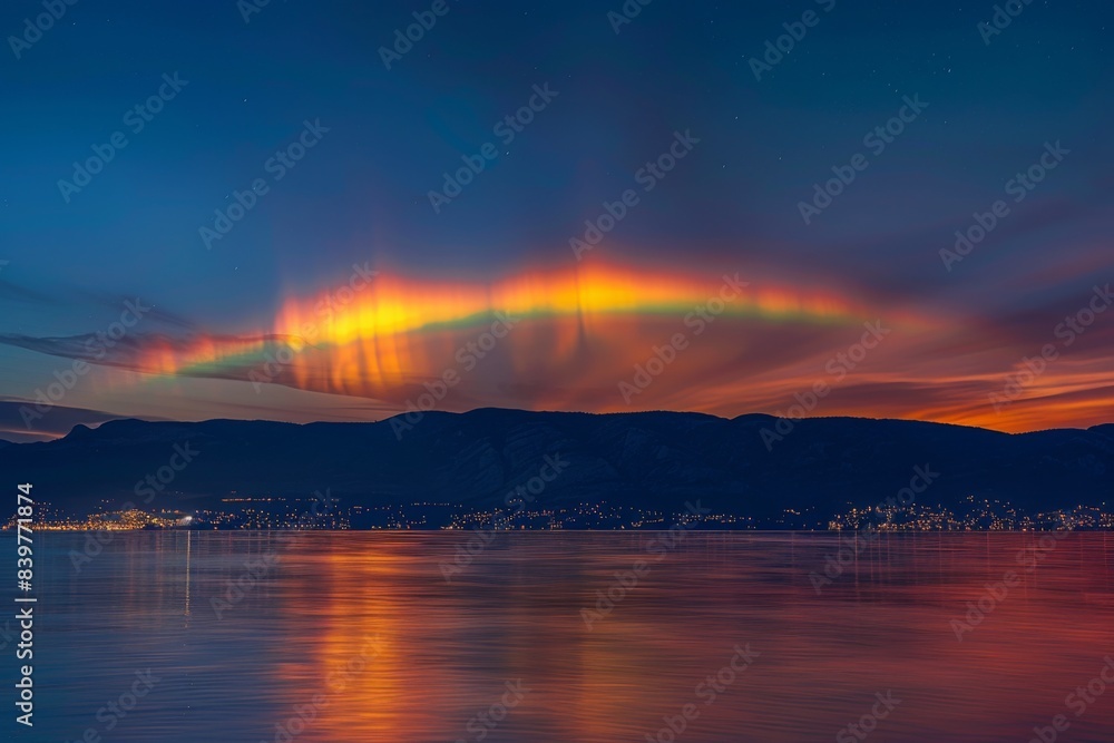 Fire rainbow over a serene lake at sunset.