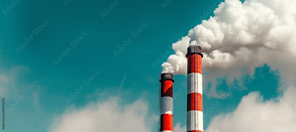 Power station emitting smoke with green fields and sunset sky in the background, depicting global climate change. Power station emitting smoke with green fields and sunset sky in the background, depicting global climate change.
