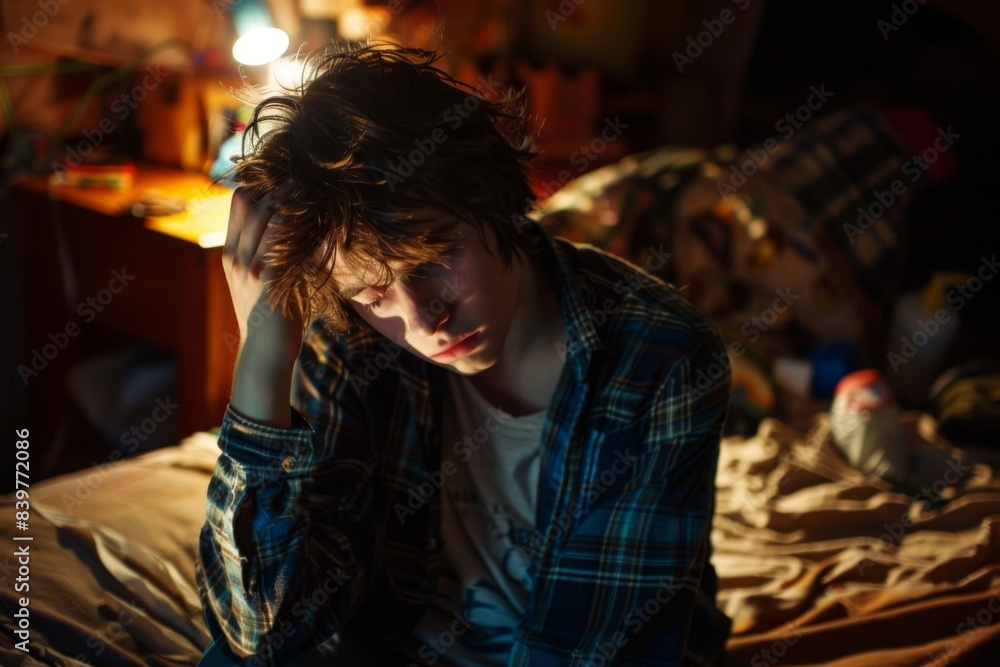 Frustrated teenage boy in messy room, head in hands, dim light Frustrated teenage boy in messy room, head in hands, dim light
