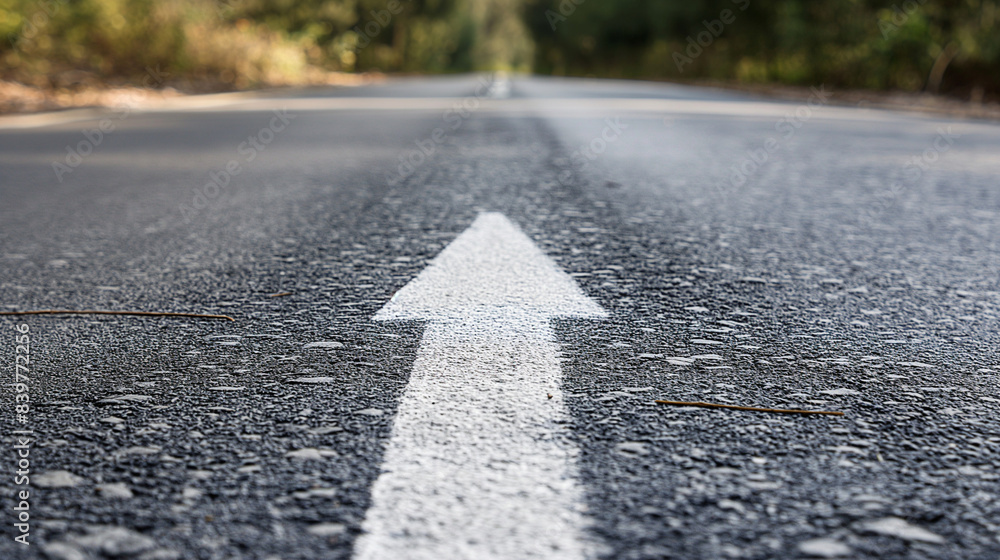 An asphalt road stretches into the distance with a painted white arrow ...