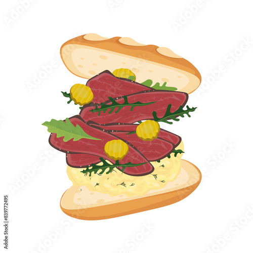 Vector illustration logo Clip art Levitation Baguette sandwich Pastrami