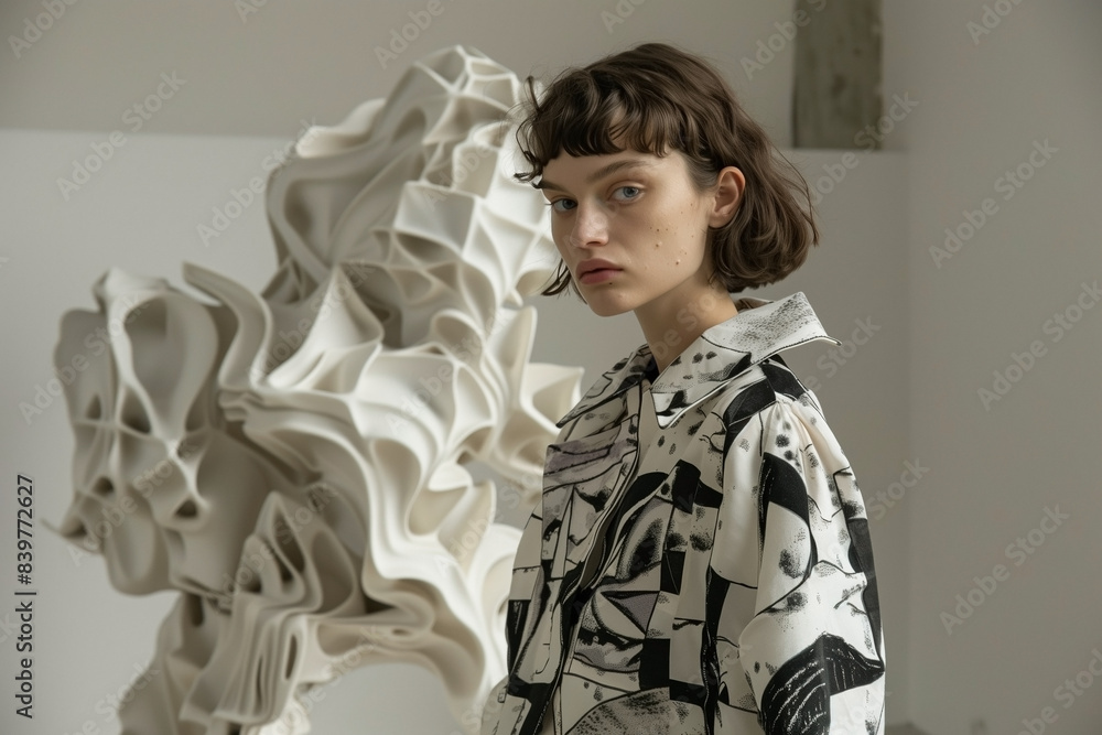 stylish woman wearing imaginative clothing A backdrop of modern sculpture stylish woman wearing imaginative clothing A backdrop of modern sculpture