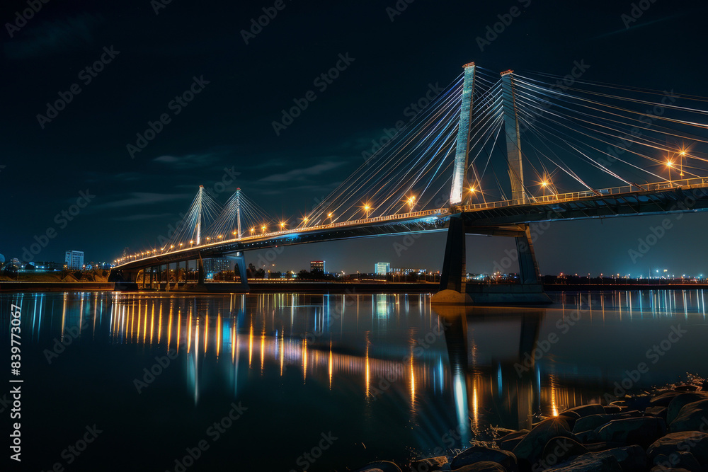 Obraz premium The image should convey the bridge as a beacon of modernity and progress, with lights reflecting on the water below or accentuating the structural elements - Generative AI
