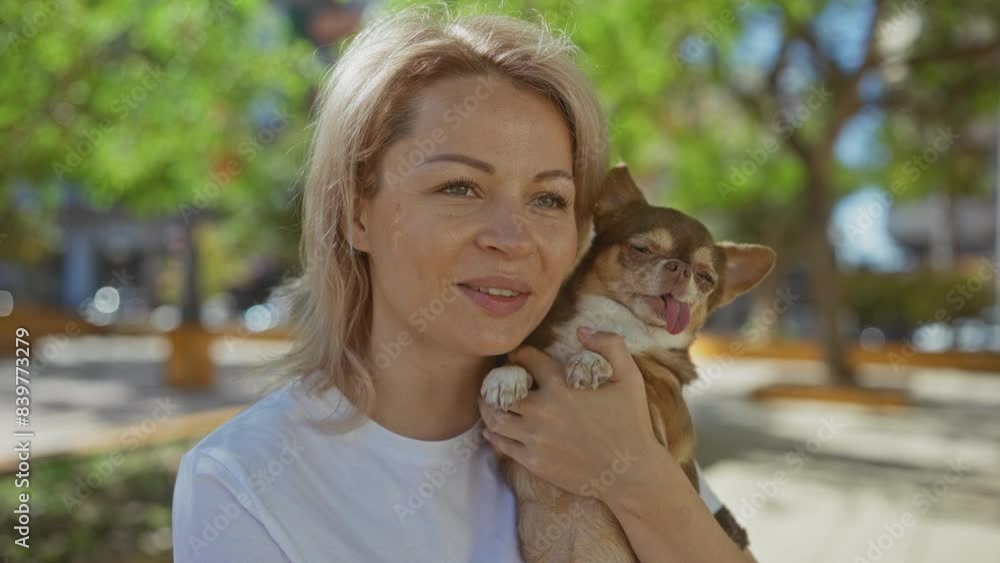 A young blonde woman affectionately hugs her small chihuahua in an urban park, displaying their close bond under the sun in a city setting. A young blonde woman affectionately hugs her small chihuahua in an urban park, displaying their close bond under the sun in a city setting.