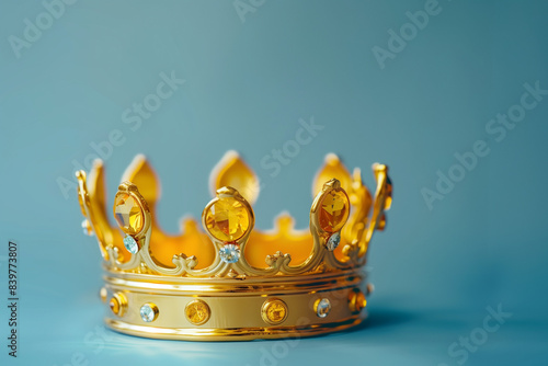 Corona reale di principe o principessa con diamanti gialli preziosi su sfondo neutro azzurro chiaro photo