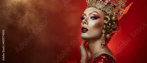 Drag queen with a crown, royal palace backdrop, LGBTQ royalty, striking a queenly pose, regal drag queen, royal pride event