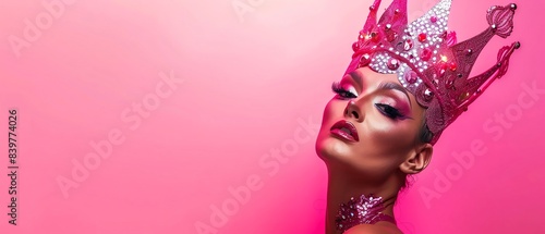 Drag queen with a crown, royal palace backdrop, LGBTQ royalty, striking a queenly pose, regal drag queen, royal pride event photo