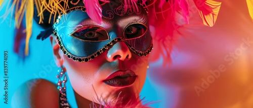 Drag queen with a masquerade mask, Venetian carnival backdrop, LGBTQ mystery, striking an enigmatic pose, masked drag queen, masquerade pride event photo