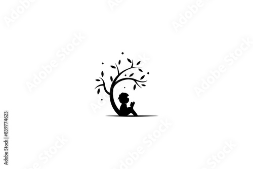 silhouette logo of child reading book under tree in black flat vector design photo