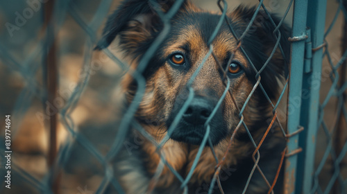 Stray homeless dog in animal shelter cage. Sad abandoned hungry dog behind old rusty grid of the cage in shelter for homeless animals. Dog adoption, rescue, help for pets © Natali
