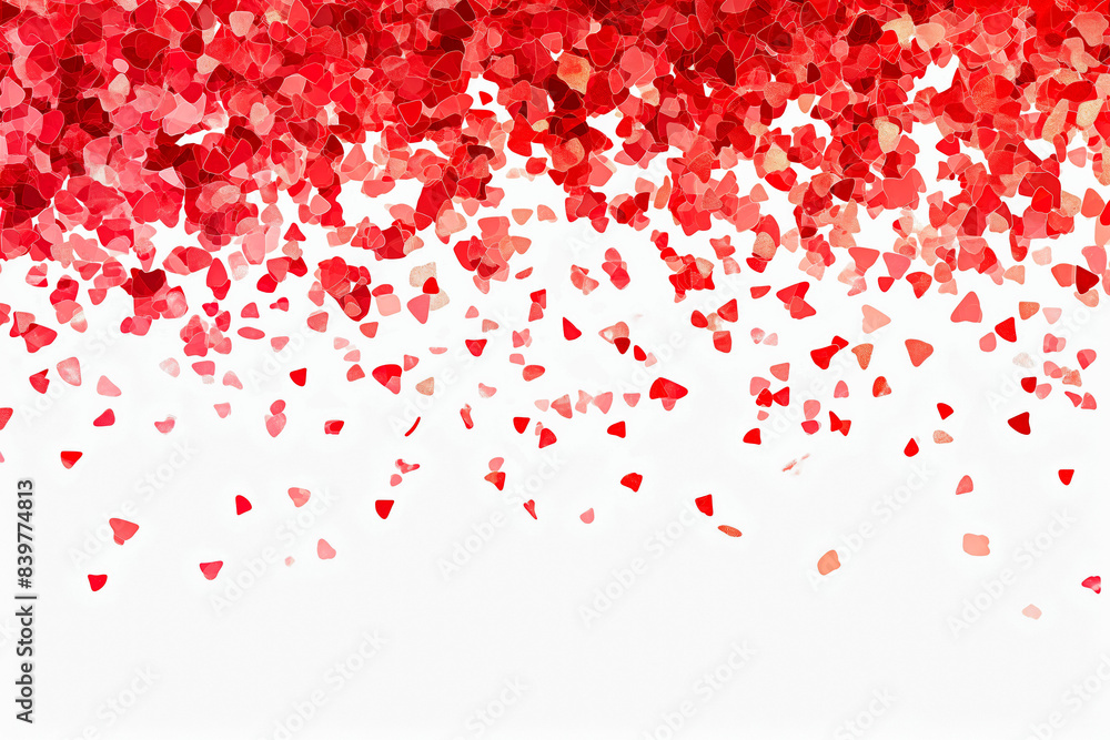 A cascade of red heart-shaped confetti falling against a white background, creating a romantic and festive atmosphere. A cascade of red heart-shaped confetti falling against a white background, creating a romantic and festive atmosphere.