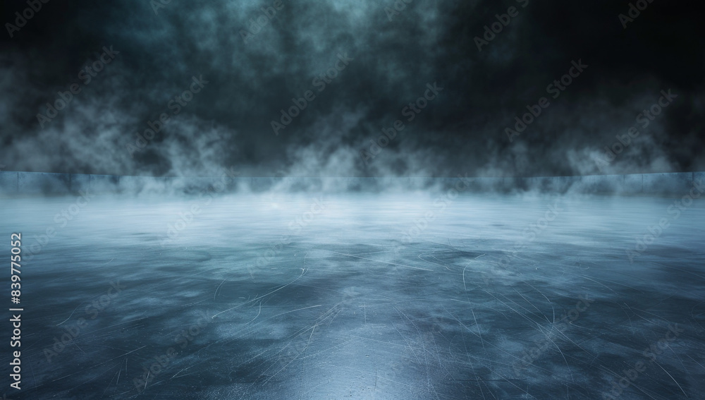 Abstract ice rink background with smoke, fog and a dark sky. A wide empty frozen floor for product presentation in the style of a hockey arena Abstract ice rink background with smoke, fog and a dark sky. A wide empty frozen floor for product presentation in the style of a hockey arena