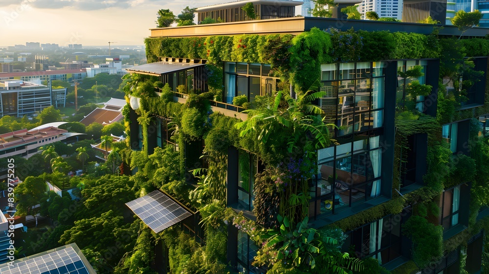 Modern eco-friendly building with lush green facade and solar panels