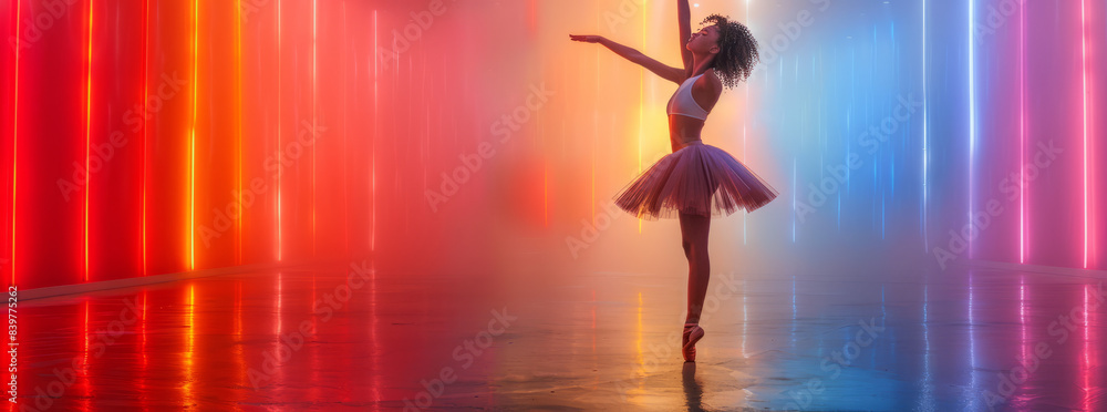 Gorgeous young ballet dancer standing on tiptoe and reaching up in dance in neon light against vivid gradient background.generative ai Gorgeous young ballet dancer standing on tiptoe and reaching up in dance in neon light against vivid gradient background.generative ai