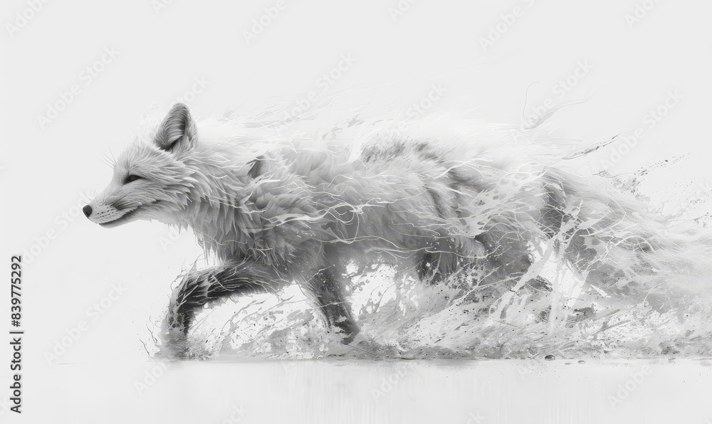 Arctic fox running flat design side view ice water color black and white Arctic fox running flat design side view ice water color black and white