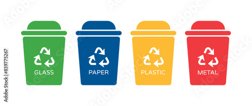 Recycle Bin Vector Flat Set  for Sorting Waste. Trash in Garbage Cans with Glass, Paper, Plastic and Metal Types of Waste for Recycling.