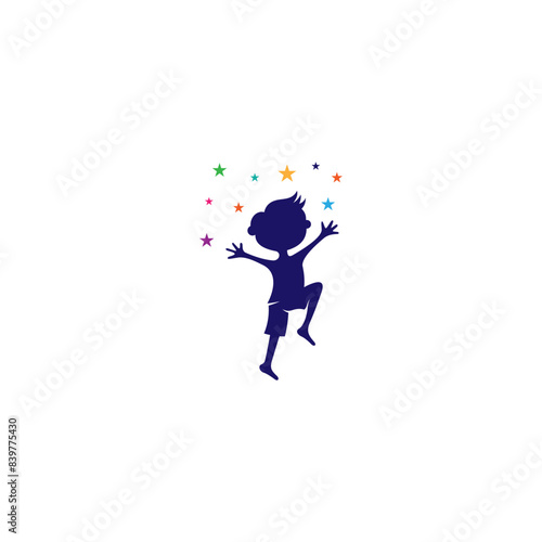 happy boy silhouette logo with decorated colorful stars in flat vector design style