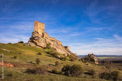 Castillo de Zafra in Guadlajara, Spain, Medieval castle in the rock, nice view with the sun