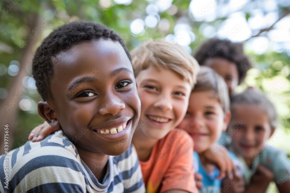 Portrait of smiling african american boy looking at camera in park Portrait of smiling african american boy looking at camera in park