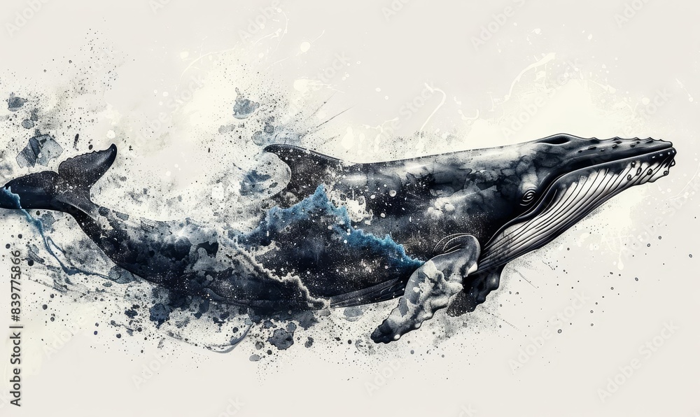 Obraz premium Blue whale breach flat design side view waves water color black and white