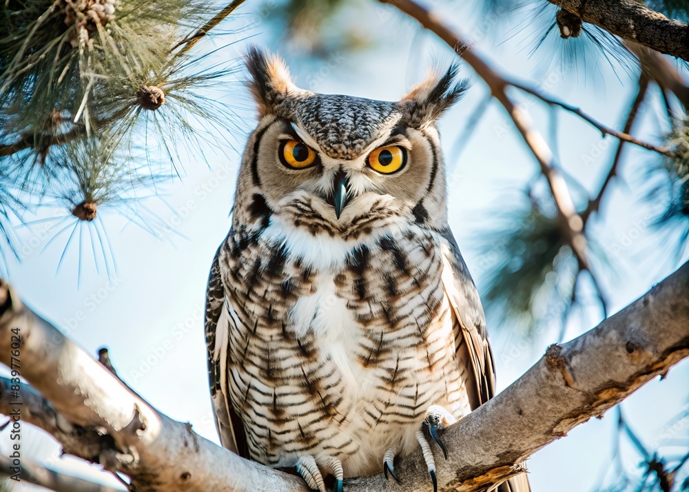 Obraz premium great horned owl perched on a branch of a tree. The owl is looking directly at the camera with a serious expression. rada tilly , comodoro rivadavia, chubut, patagonia argentina 