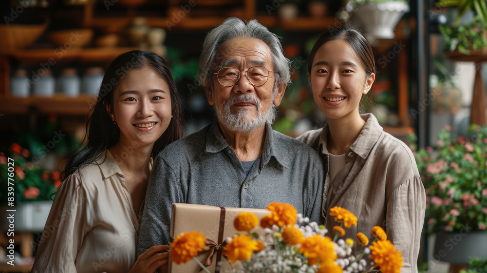 Asian people surprised elderly father with gift at cafe restaurant , Family relationship, celebrating father's day and older people health care concept,generative ai Asian people surprised elderly father with gift at cafe restaurant , Family relationship, celebrating father's day and older people health care concept,generative ai