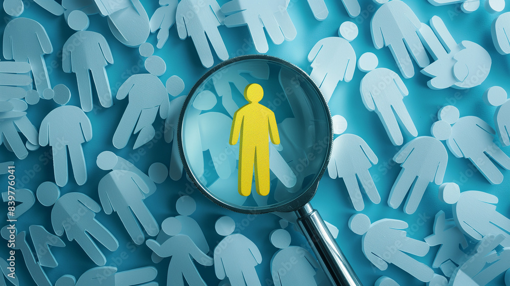 Yellow human icon inside of magnifier glass among white icons for customer focus and customer relation management or CRM concept