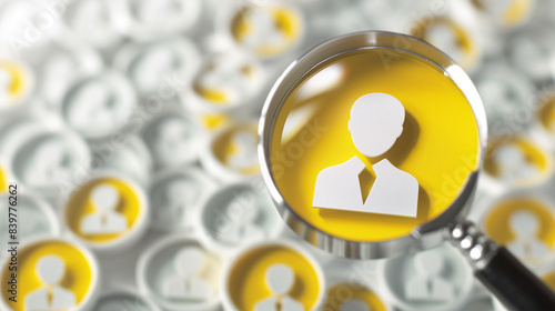 Obraz na płótnie Yellow human icon inside of magnifier glass among white icons for customer focus and customer relation management or CRM concept w salonie