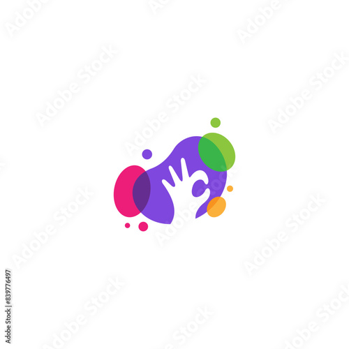 OK hand logo with colorful bubbles in flat design
