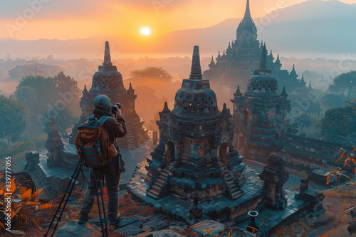 A photographer capturing the beauty of an ancient temple at sunrise. Concept of cultural exploration and photography. Generative Ai.
